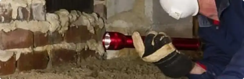 Pest control technician inspecting a crawl space for ant activity in Tyngsboro, MA
