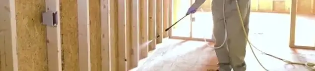 Termite treatment technician applying spray along framing and unfinished walls in Nashua, NH
